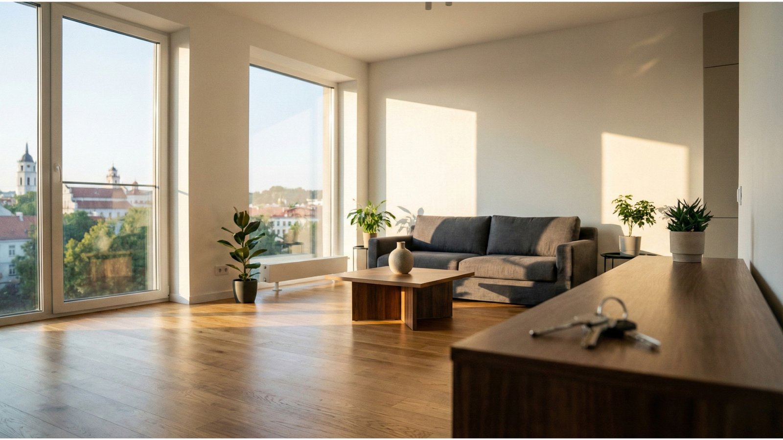 Šviesus kambarys su sofa ir augalais.