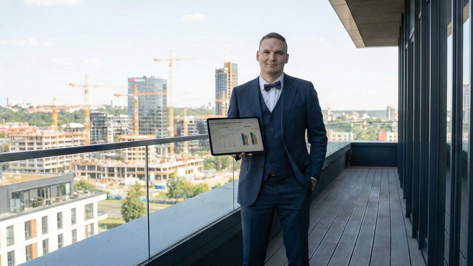 Verslininkas pristato duomenis stogo terasoje.