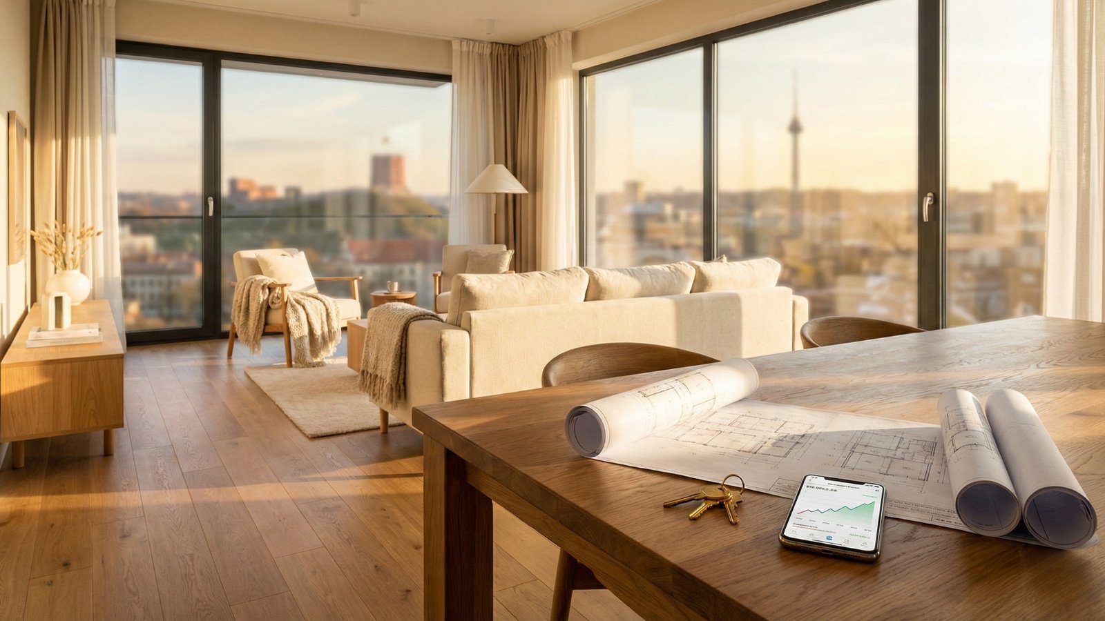 Šviesi svetainė su miesto vaizdu.